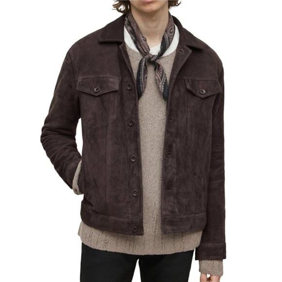 NEW John Varvatos EU 48 US 38 Licorice Brandon Suede Leather Trucker Jacket